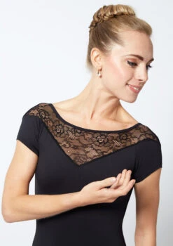 Move Dance Alana Cap Sleeve Lace Leotard 9 Move Dance Alana Cap Sleeve Lace Leotard -Diaman Dance Wear Shop MOL0625 BLK CLOSE UP FRONT 1 03232.1678884175