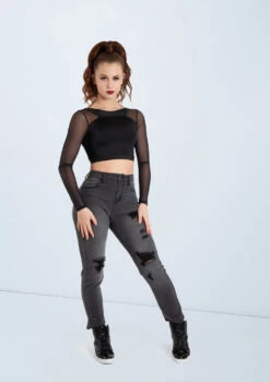 Weissman Lustre And Mesh Crop Top -Diaman Dance Wear Shop SH11480 black AH11504 black 1935 86372.1698450578