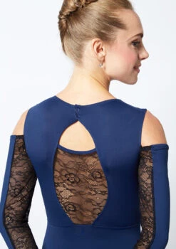 Move Dance Arabel Cold Shoulder Long Sleeve Lace Leotard -Diaman Dance Wear Shop mo l0622 move dance arabel cold shoulder long sleeve lace leotard blue back no1 56429.1678884167