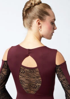 Move Dance Arabel Cold Shoulder Long Sleeve Lace Leotard -Diaman Dance Wear Shop mo l0622 move dance arabel cold shoulder long sleeve lace leotard purple back no1 82953.1678884161